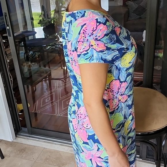 VEUC Sz M LP S/S Navy Pink Yellow Green Dress - Picture 5 of 11